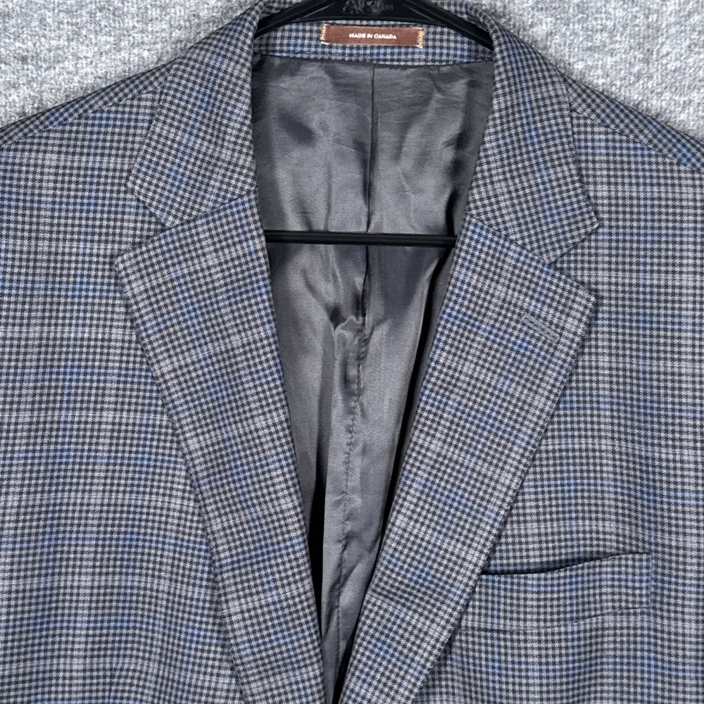 Peter Millar Sport Coat Mens 42T Grey Blue Houndstooth Plaid 100% Wool Blazer